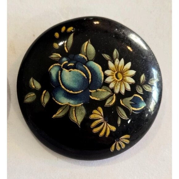 Vintage Black Enamel Floral Earrings 1" Round Hand Painted Wood Stud Post - Picture 8 of 8